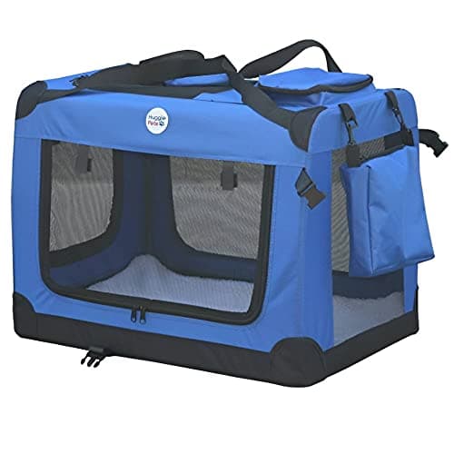 HugglePets Foldable Fabric Pet Crate Carrier - Blue (Large 70 x 52cm) Lightweight & Ventilated Double Door Carrier for Dogs & Cats with Sheepskin Mat. Ideal for Home & Travel.