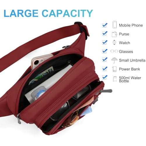 REETEE Waterproof bumbags for Ladies Men Fashion Bum Bag with Adjustable Belt and 5 Zipper Pockets Large Capacity Fanny Pack Waist Bag for Outdoors, Sport, Hiking, Travel (A-Deep red) — view 3