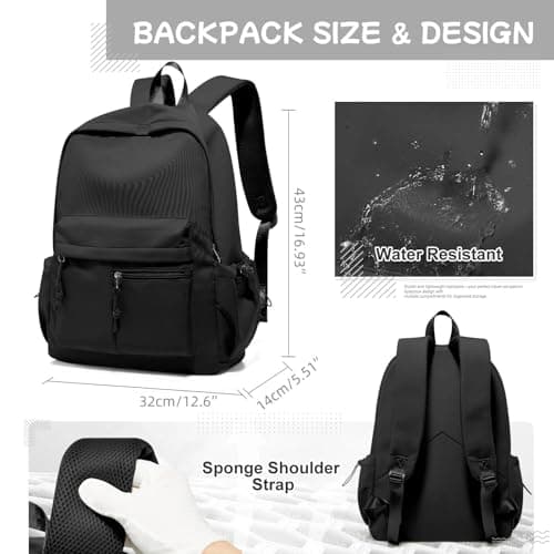 HYC00 School Backpack Secondary Girls Boys Water Resistant Womens Rucksack Backpack Casual Travel Daypacks, School Bags for Teenage Girls College Laptop Backpacks Work Students Back Pack, O1-Black — view 3