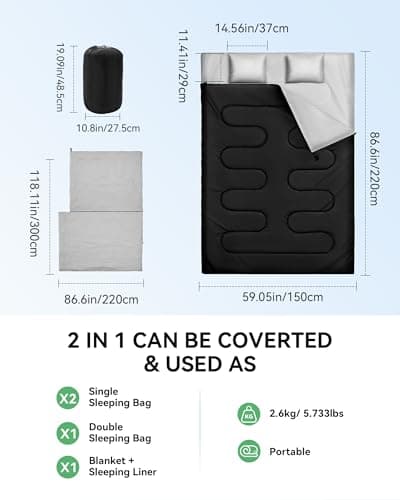 Warmiehomy Double Sleeping Bags for Adults with 2 Pillows, 3 Season King Size Sleeping Bag, 300 GSM Waterproof XL Sleeping Bag with Carrying Bag for Indoor & Outdoor Use, Warm Camping Quilt(Black) — view 2