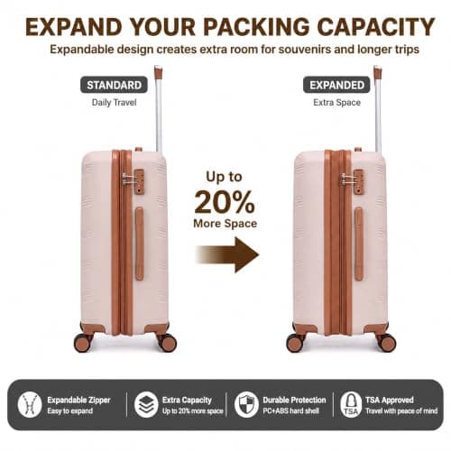 CONCEPTEN Expandable Hardshell Luggage Set 5 Piece, 22x14x9 Airline Approved Carry On, 20/24/28" Suitcase Set with TSA Lock, Spinner Wheels, ABS+PC (Beige) — view 6