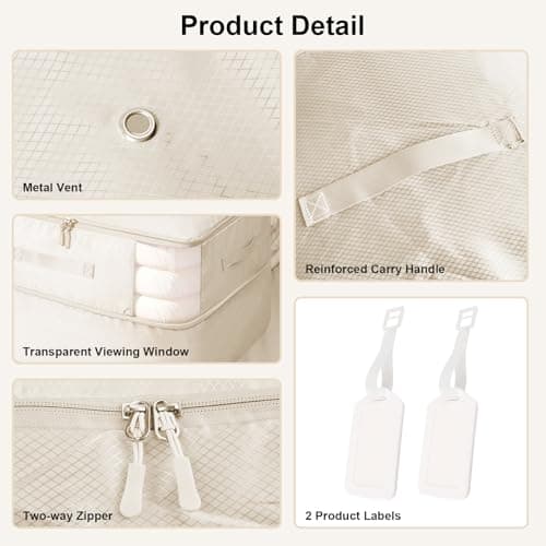 Space Saving Compression Storage Bags, 2 Pack Large Compression Packing Cubes, 3-Layer Space Saver Bags, Compress 136L to 68L for Comforters, Clothes, Pillow, Blankets, Bedding, Moving, Dorm, Beige — view 5