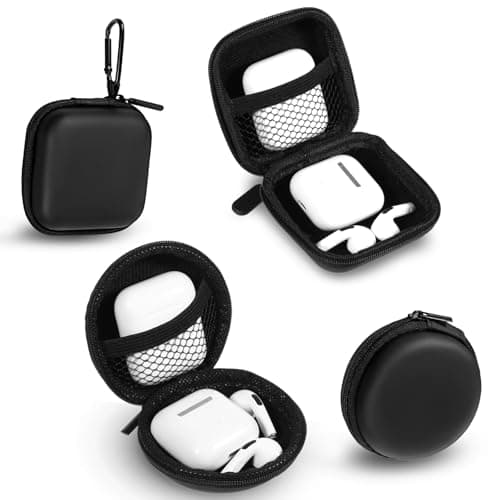 ElevateTech Storage Case for Qutie Label Maker, 2 Pcs Mini Round Earbud Case Portable Square Earphone Carrying Cases with Carabiners Hard EVA Headphone Storage Bag for Earphone Earbud, Black — view 5