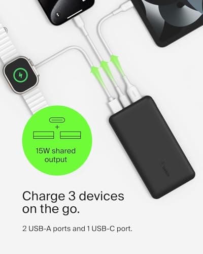 Belkin 10000mAh portable power bank, 10K USB-C portable charger with 1 USB-C port and 2 USB-A ports, battery pack for up to 15W charging for iPhone, Samsung Galaxy, AirPods, iPad, and more - Black — view 4
