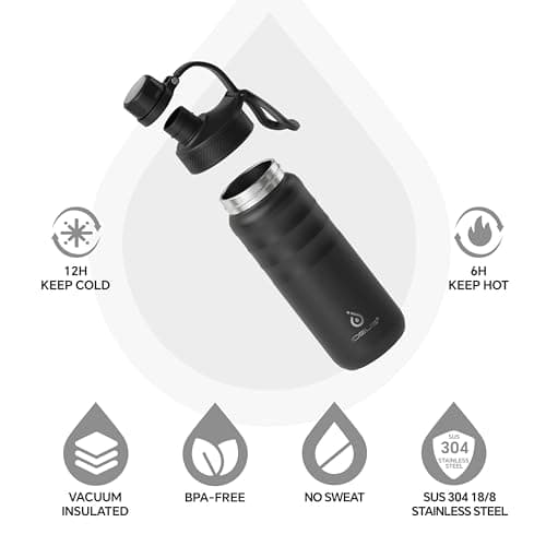 IDEUS Vacuum Insulated Water Bottle 540ml/18oz, Leak-Proof Stainless Steel Water Bottle, Double Wall Flask, Metal Sports Canteen with 2 Lids — view 2