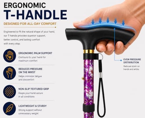 Hataf Adjustable Walking Stick 84cm-92cm, Folding Walking Sticks for Women/Ladies, also for Men, Mobility Aids, Walking Sticks with Rubber Ends (Purple Flowers) — view 3