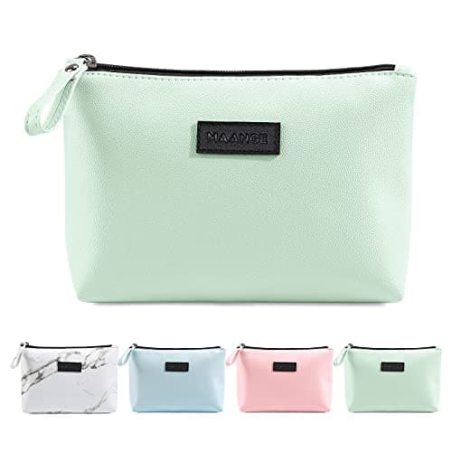 Small Cosmetic Bag for Purse MAANGE Small Makeup Bag Portable Travel Makeup Pouch Waterproof PU Leather Make up Bag with Handle Cute Versatile Zipper Pouch for Women (Green)