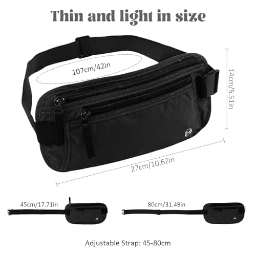 Money Belt for Travel Hidden Men Women, Ultra-Thin Money Pouch with RFID Blocking, Waterproof Waist Bag, Fanny Pack with Adjustable Strap, Bumbag for Passport, Cash, Documents, Phone (Black) — view 2