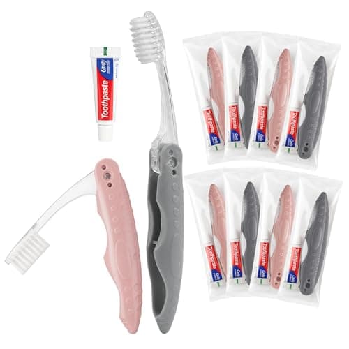 Qibesiey Travel Toothbrush and Toothpaste, Individually Packaged, Foldable Toothbrush and Toothpaste, Folds for Easy Storage, Available in Gray and Pink, Ideal for Travel, Hotels, Camping (10-Pack)