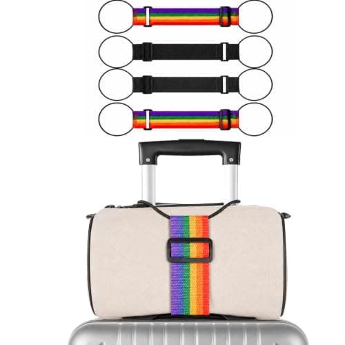 4 Pack Black & Rainbow Colour Elastic Luggage Straps, Heavy Duty Adjustable Bungee Travel Belts for Suitcase, Carry-On Luggage, Backpack, Stroller & Moving Boxes, Durable Secure Hold