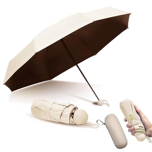 Shunshi Folding Travel Umbrella, 6 Ribs Folding Sun Anti-UV Windproof Rain Umbrella,Fast Dry,Portable Pocket Lightweight Small Compact Umbrella with Capsule Case for Men Women Teens (Beige)