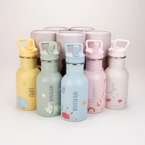 J.Børn Personalised Bottle With Straw For Kids 350ML | Hand-Painted Designs | Single-Skinned, Food-Grade Stainless Steel Bottle | Light Weight Water Bottle | Leak-Proof Bottle (Safari) — view 2