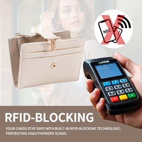 Pomelo Best Women's RFID Wallet - Vegan Leather Bi-fold Small Ladies Purse with Zipper Coin Pocket & ID Window - Leaf Charm Compact Wallet for Women (Beige) — view 4