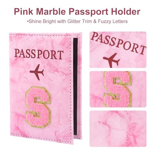 ILIYAH Personalized Initial Passport Holder – Pink Marble Chenille Letter, Waterproof PU Leather Passport Cover, Cute Travel Gift for Women and Girls — view 2