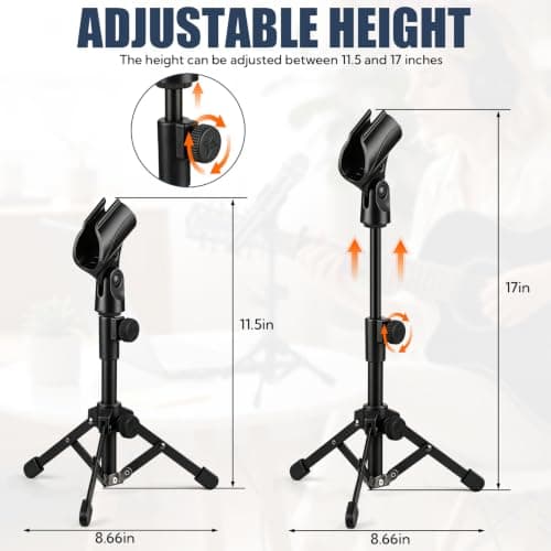 4 Pack Desk Mic Stand, Portable Foldable Tripod Microphone Stand with Mic Clip Holder, Adjustable Tabletop Stand for Blue Yeti, Snowball, Shure SM58, Dynamic & Condenser Microphones ﻿ — view 2