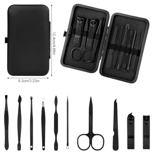 ALIIP Professional Manicure Set,10-Piece Stainless Steel Nail Clipper Kit with Leather Case, Portable Travel Nail Care Set for Women & Men, Press-Lock Design for Home & Gifting,Black — view 2