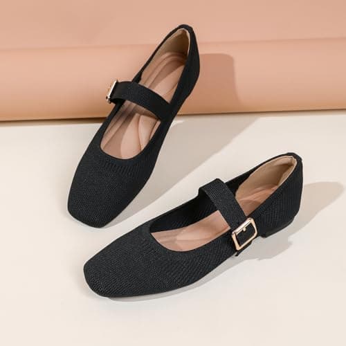Deehuion Mary Jane for Women Square Toe Knit Ballet Flats Ankle Strap Shoes — view 3