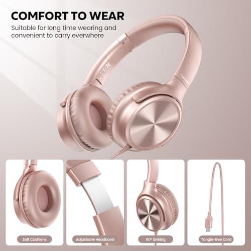 Cowyawn USB C Headphones Wired, Over Ear Headphones with Microphone, Volume Control, HD Stereo Sound, Foldable Lightweight Headphones for Adult/Teens/Chromebooks/Laptop/Computer/Tablets/Travel (Rose) — view 3