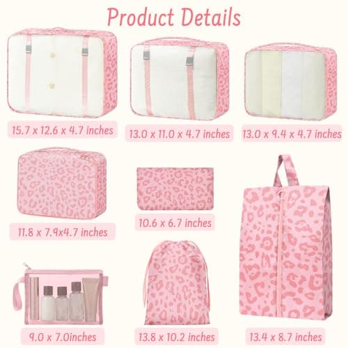 MOFELON 8PCS Packing Cubes for Suitcase, Travel Luggage Organisers for Backpack, Waterproof Suitcase Organiser Bags, Travel Essentials Accessories - Pink leopard print — view 2