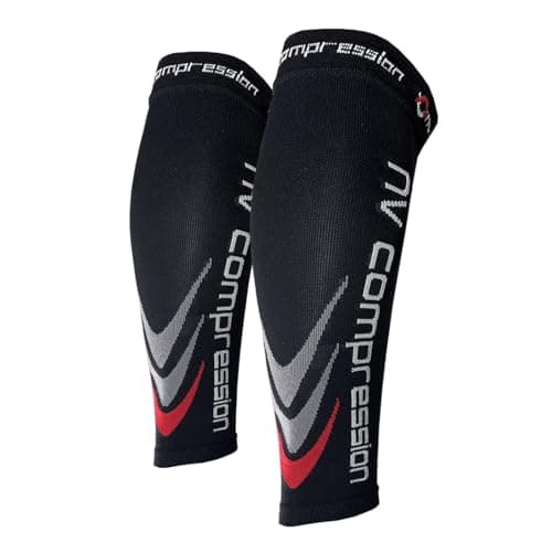 NV Compression 365 Calf Guards/Sleeves SMALL Red/Black (PAIR) 20-30mmHg - For Sports Recovery, Shin Splints, Medical, Work, Flight - Running, Cycling, Gym — view 3
