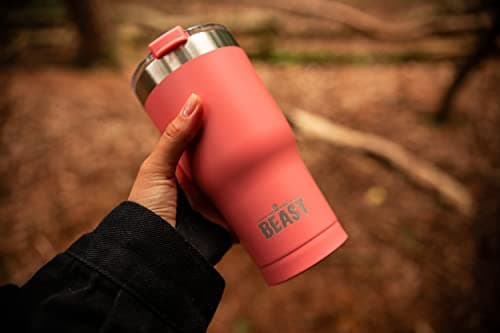 Beast Tumbler - 550 ml (20 oz), Coral Pink | Reusable Stainless Steel, Vacuum Insulated Cup | with + 2 Straws & Cleaning Brush | Double Wall Travel Flask Perfect for Hot or Iced Coffee — view 3