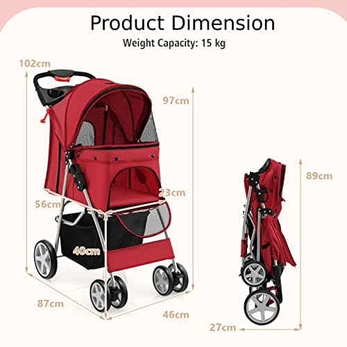 Maxmass Travel Pet Stroller, Foldable Small Medium Sized Dog Cat Trolley with Storage Basket, Safety Belt and Cup Holder, 4 Wheels Puppy Pushchair (Red) — view 6