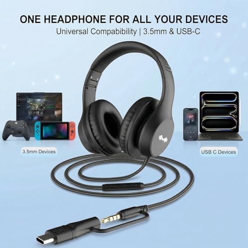 Zollexa Wired Over-Ear Headphones, Mic, 3.5mm Jack, USB-C Adapter, Black — view 5
