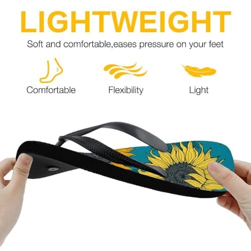Flip Flops Unisex Womens Flip Flops, Teal Yellow Sunflower Blooms Pool Sliders Mens Toe Post for Women Bathroom Shower Shoes Slippers Auntie Gifts Mum Birthday Gifts, Size 9 (275MM) — view 5