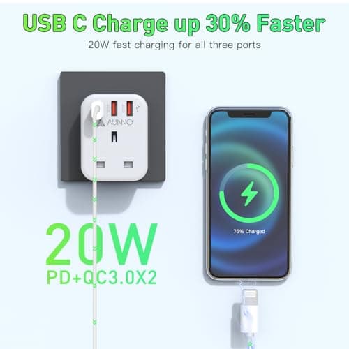 AUNNO UK to European Plug Adapter, PD 20W Fast Charging Grounded European Adapter with Shaver Plug, Adapter with 2 USB Ports and 1 USB-C Port for Germany France Spain Greece Poland etc (Type E/F) — view 6