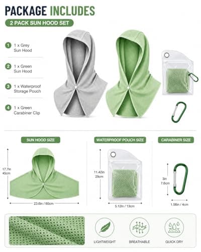 Cooling Hoodie Towel UPF 50 Sun Protection Neck Gaiter, 2 Pack Breathable UV Head Scarf with Cooling Face Mask, Storage Bag & Carabiner, Quick Dry Cooling Hood for Fishing Hiking Cycling Outdoor — view 5