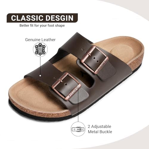 FITORY Mens Leather Sandals, Cork Footbed Slides for Summer Mocha Size 9.5 — view 3