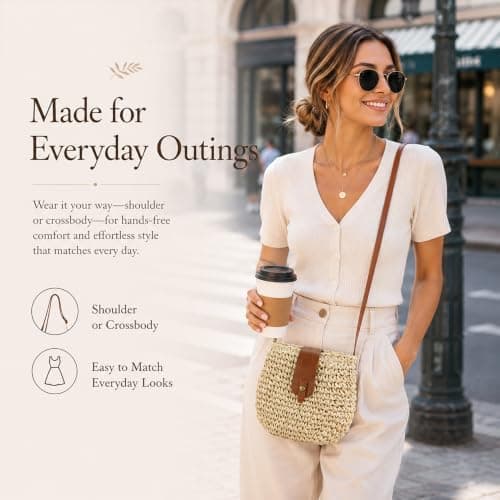 Straw Bag for Women，Beach Woven Straw Crossbody Bag with Adjustable Strap — view 4