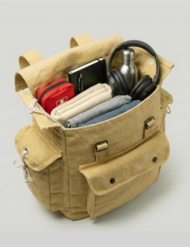 Vintage Canvas Backpack Webbing Rucksack 100% Cotton Army Style Satchel with Side Pockets - Work Travel School Bag - Khaki Beige — view 2