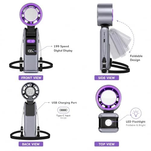 MEMSJIUWEN Upgraded Portable Handheld Neck Fan with 199 Speed Settings, Digital Display, LED Flashlight, Rechargeable 3-in-1 Personal Cooling Fan for Travel Outdoor Sports - Dark Gray — view 5