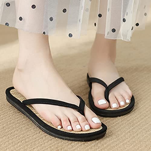 Flip Flops Bamboo Women's Slippers Toe Separator Summer Mules Flower Sandals Flat Comfortable Non-Slip Silent Bamboo Rattan Flop Slippers, Black, EU 41, Brown B, 7 UK — view 2