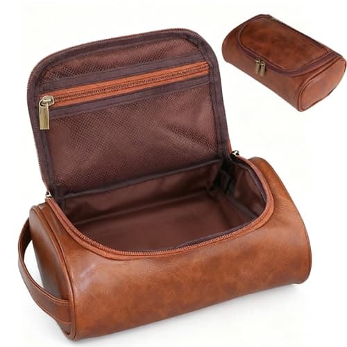 Leather Toiletry Bag Mens Wash Bag with 3 Compartments - Travel Toiletry Bag for Gym & Shaving, Small Washbag for Men, Perfect Travel Gifts for Men