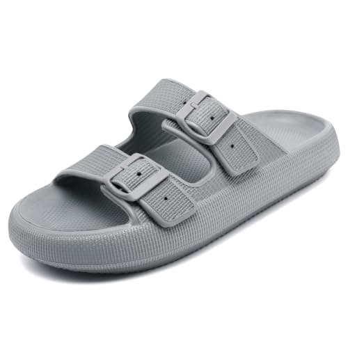 Waysoland Cloud Sliders Women Men Sandals with Adjustable Buckles,Shower Bathroom Non-Slip Quick Drying Open Toe Super Soft Comfy Thick Sole Sandals Indoor Outdoor(Grey,7/8 UK)