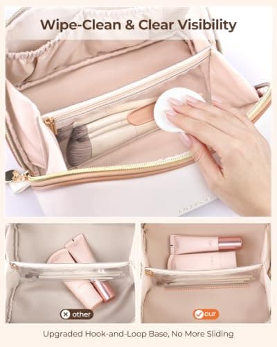Prite Travel Makeup Bag Flat Lay Cosmetic Case with Brush Pocket, Beige, M — view 4