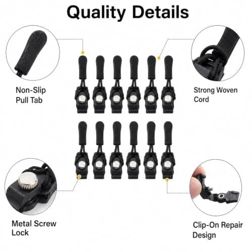 12 Pcs Universal Zip Repair Kit 3 Sizes Zipper Puller Replacement Detachable Pulls Zip Heads Removable Zipper Repairer for Backpacks Coats Jeans Luggage Suitcases No Sewing Required Black — view 3