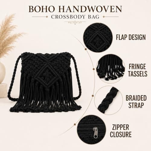 Fjquamitix Straw Cross Body Bag Women Boho Macrame Handmade Crochet Bag With Zipper Closure Fringe Shoulder Beach Purse Summer Handbags Travel Vacation Daily Use (Black) — view 3