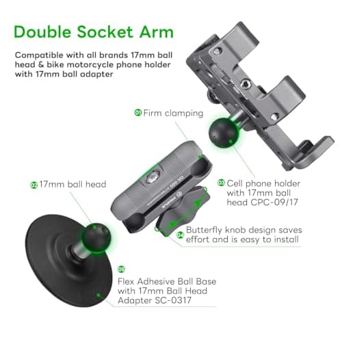 FANAUE Double Socket Arm Connects to 17mm Ball Head Adapter Only, Compatible with Garmin GPS Mount and Bike Motorcycle Phone Holder, Made of Aluminum Alloy with a Length of 2.44". — view 2