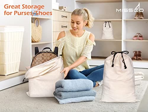 MISSLO Set of 3 Cotton Breathable Dust-Proof Drawstring Storage Pouch Multi-Functional Bag (Beige, Pack 3 XL) — view 2