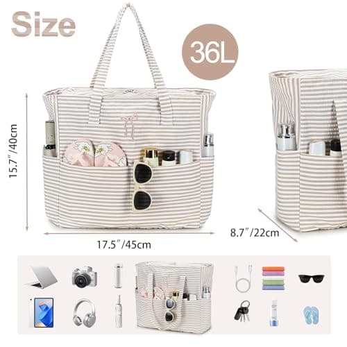 Bluboon Beach Bags for Women, Large Waterproof Tote Bag With Wet Compartment for Pool Weekender Travel Gym, Brown Striped Bow, XL, Casual Sporty Tote — view 5