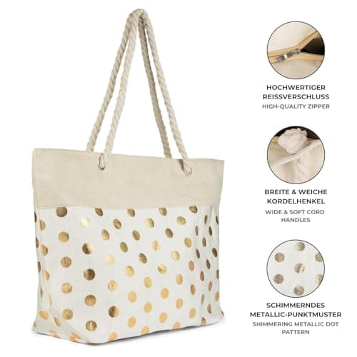 styleBREAKER Womens Metallic Polka Dot Beach Bag,Beige-Gold — view 4