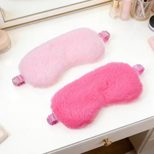 2 Pcs Plush Eye Mask, Soft Sleeping Blindfold Eye Cover Comfortable Satin Back New Faux Fur Nap Eyes Cover Cute Fluffy Furry Sleeping Blindfold for Men Women Plane, Game, Travel Nap (Pink) — view 4
