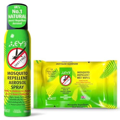 THEYE, Mosquito Repellent Travel Pack with 12 Wipes and 150ml Continuous Aerosol Spray, 100% Natural DEET-Free Plant-Based Insect Repellent with Citrepel, Up to 6 Hours Protection, UK Made