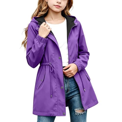 Purple Girls Waterproof Jacket Windproof Hooded Raincoat Outdoor 9 Years