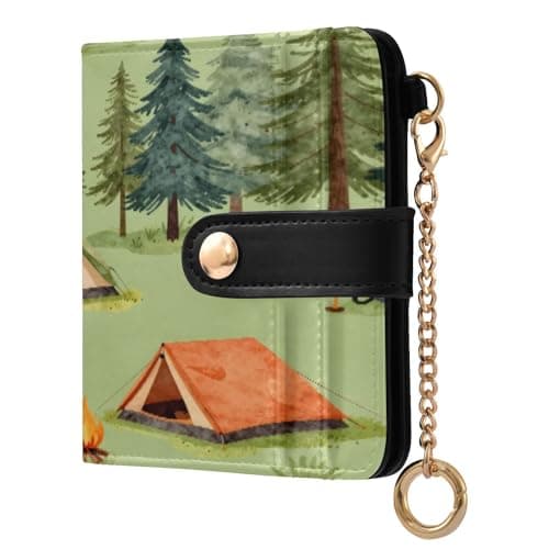 xigua Camping-Tents-Forest-Illustration-Nature-Tree Wallet for Women, Small Slim PU Leather Credit Card Wallets RFID Blocking Bifold, Zipper Coin Pocket Purse