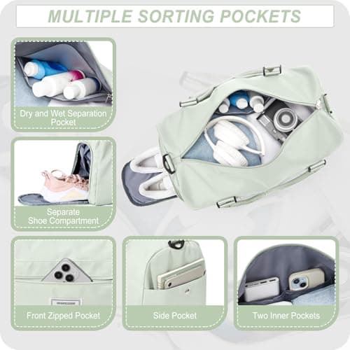 HYC00 Sports Gym Bag Womens Men with Shoes Compartment & Wet Pocket,Waterproof Sports Duffle Bag Weekend Overnight Bags Travel Duffle Bags for Women Hospital Holdall for Fitness Yoga Tote,Mint Green — view 3