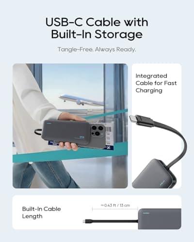 CUKTECH CP24 20,000mAh Power Bank with Built-in USB-C Cable, 40W PD Fast Charging Portable Charger, 3-Port Battery Pack for iPhone 17/16, Samsung S26/S25, iPad Pro, MacBook Air — view 4